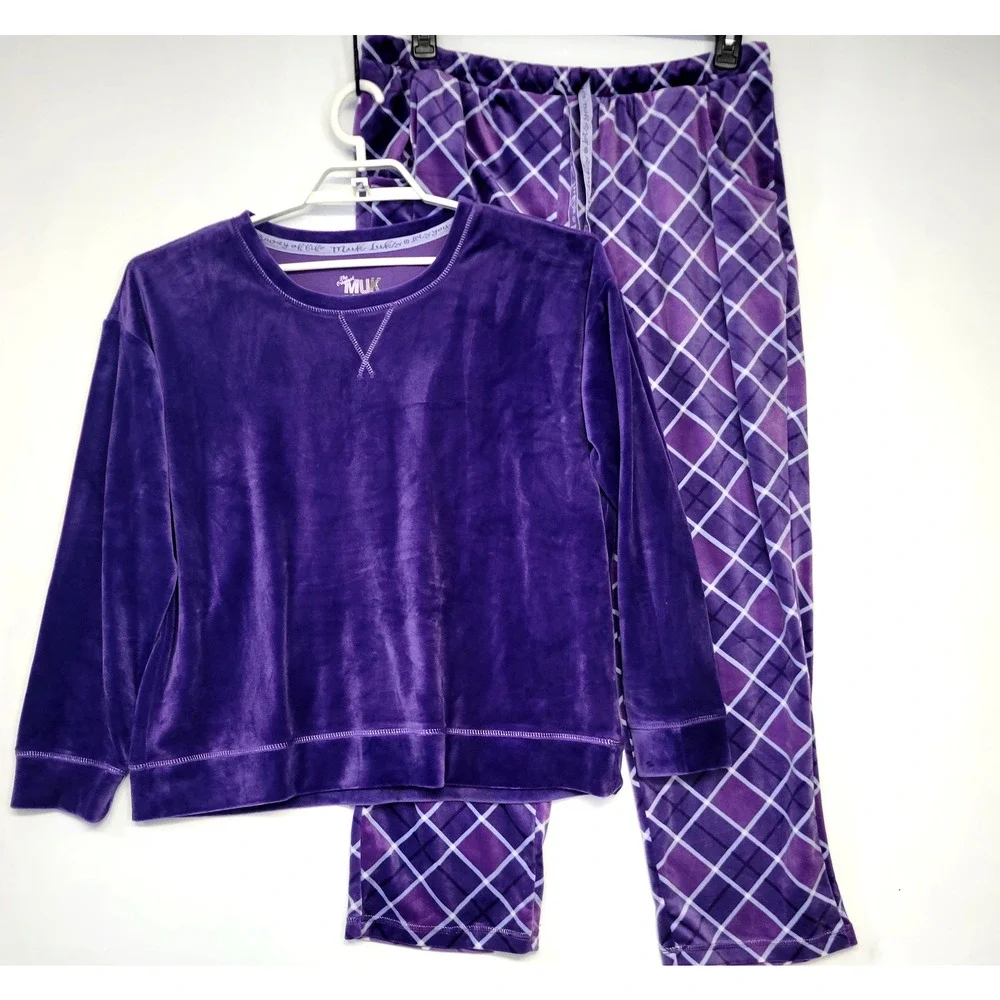 Muk Luks Pajama Set Womens Petite XL Purple Plush Argyle‎ Soft Sleepwear Lounge